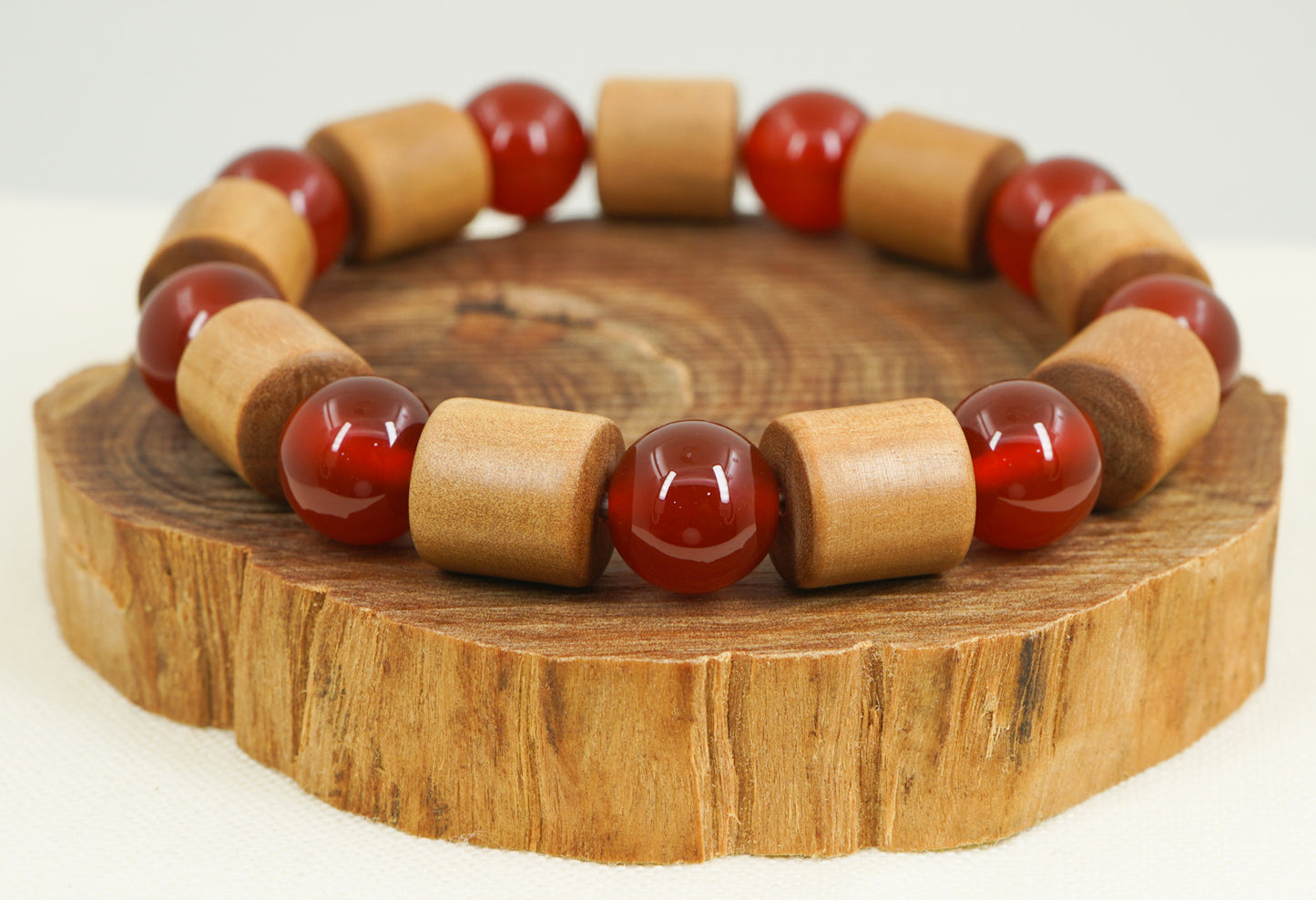 Mysore Sandalwood Barrel Beads with Agate Bracelet