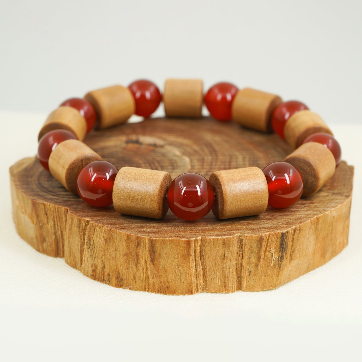 Mysore Sandalwood Barrel Beads with Agate Bracelet