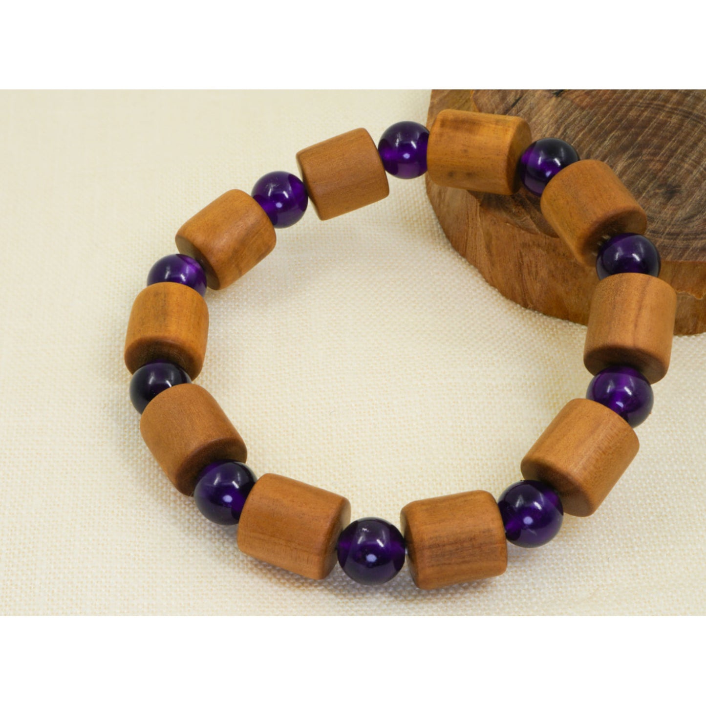 Mysore Sandalwood Barrel Beads with Amethyst Bracelet