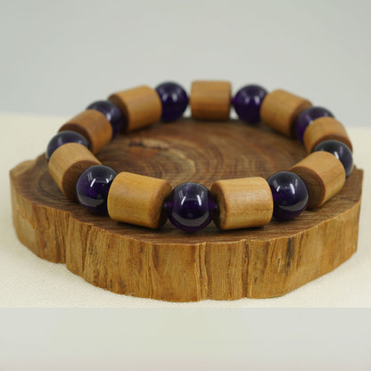Mysore Sandalwood Barrel Beads with Amethyst Bracelet