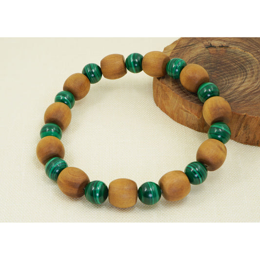 Mysore Sandalwood Drum Beads with Malachite Bracelet